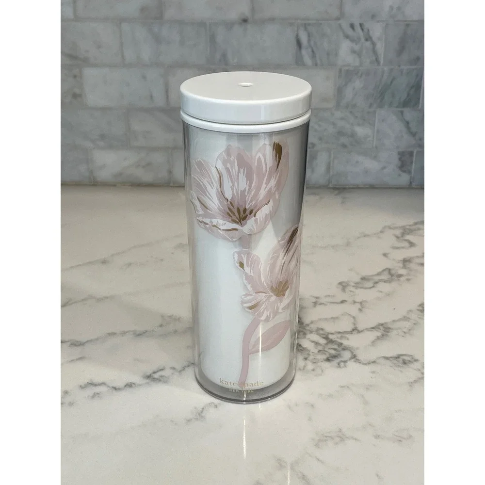 Kate Spade New York Pink Floral Tulip Acrylic Tumbler Insulated Travel Cupp